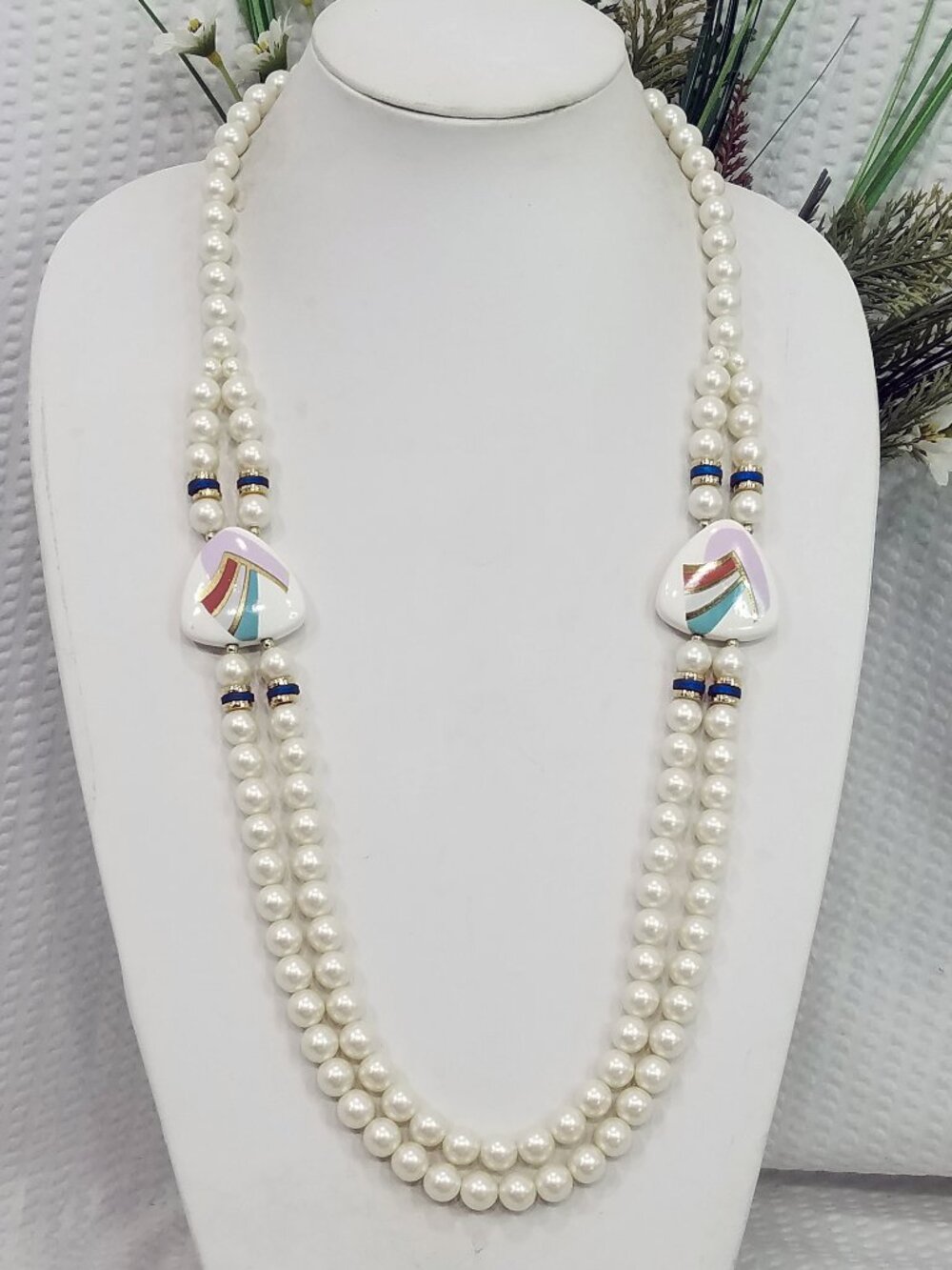 Vintage Signed Japan Double Strand Faux Pearl & Abstract Ceramic Accent Necklace